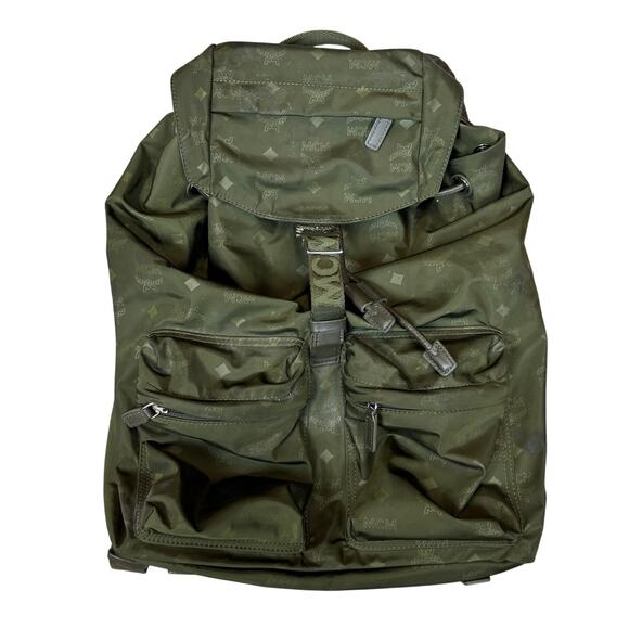 MCM Dieter Green Monogram Two Pocket Nylon Backpack Rucksack - Picture 1 of 13